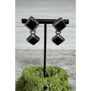 Vintage Sterling Silver Taxco Mexico Black Onyx Inlay Dangle Earrings